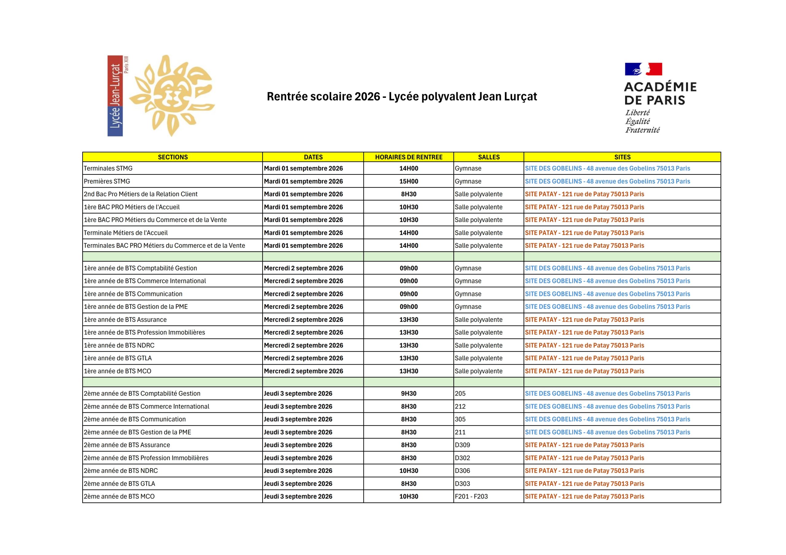 Planning de rentrée 2026